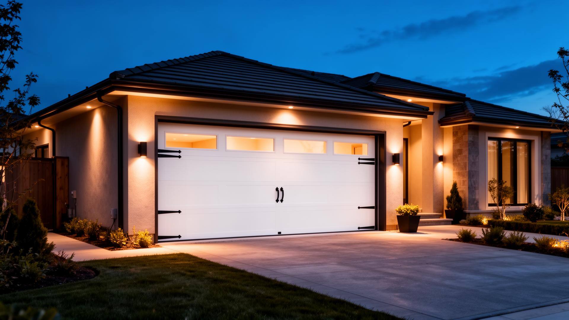 Modern home with premium garage door at dusk