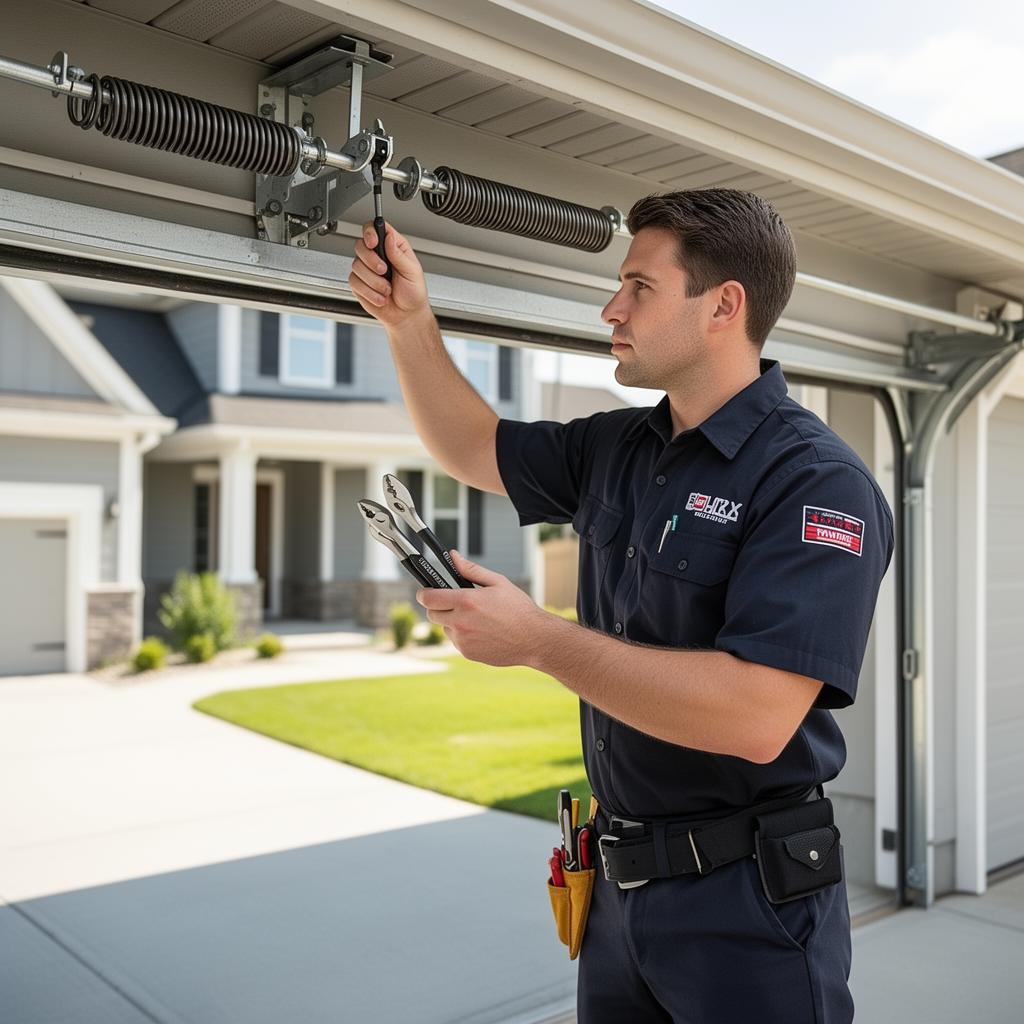 Master-Tech technician repairing a garage door spring